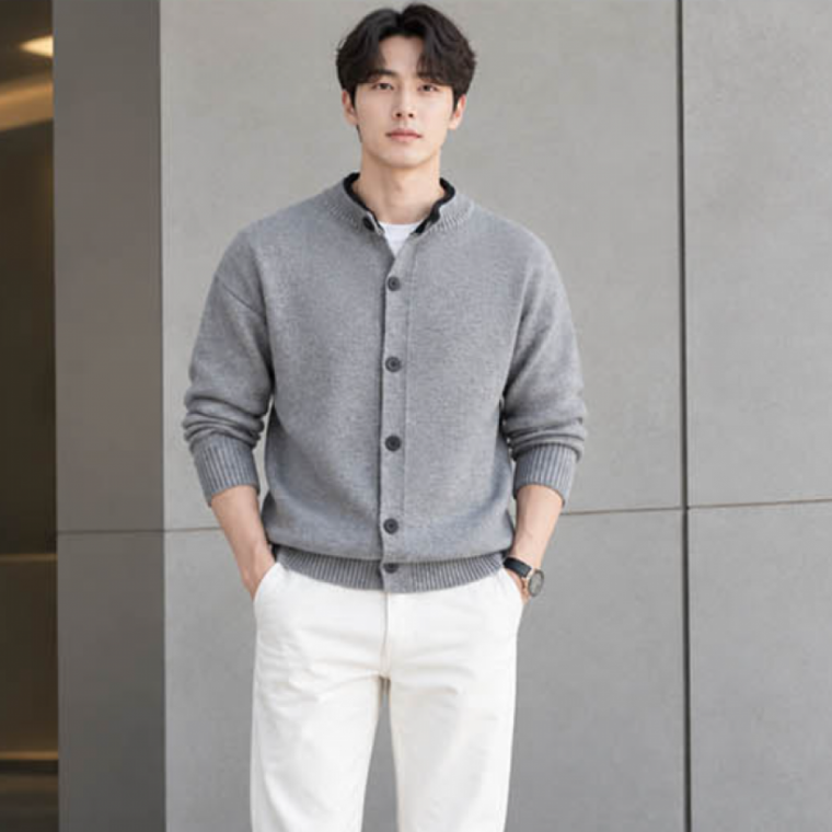 레이어드 코디 아우터 남성 가디건 도톰 니트 버튼