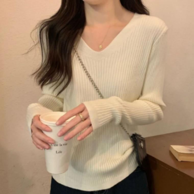여성 간절기 겨울 긴팔 스웨터 소프트 골지 브이넥 니트