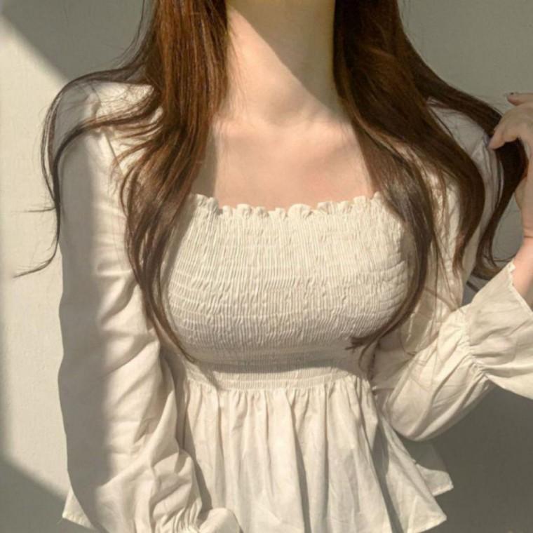 퍼프 소매 밴딩 프릴 스모크 블라우스