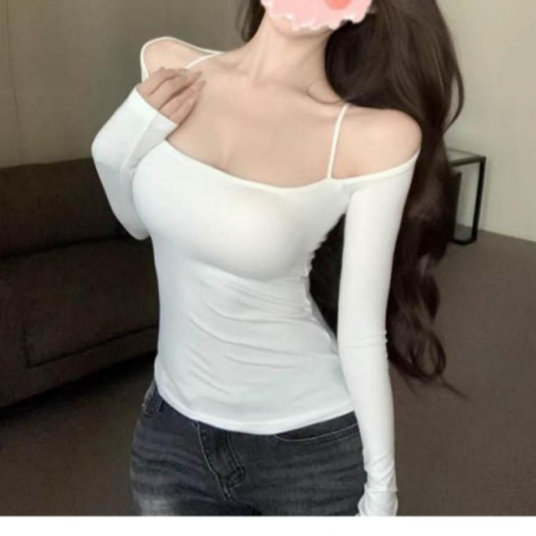 여성 오프숄더 티셔츠 슬림핏 탑 스트랩 글램 긴팔 티셔츠 연말룩 클럽 파티룩