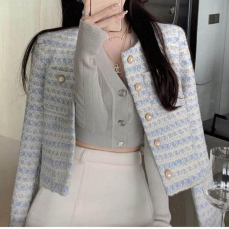 여성 자켓 가을 하객룩 진주 단추 트위드 자켓 노카라 긴팔 재킷 아우터