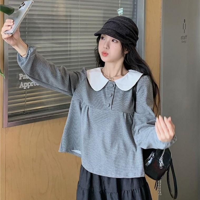 블라우스 배색 카라 셔링 둥근 여성 루즈핏 데일리 가을 스트라이프 러블리 긴팔