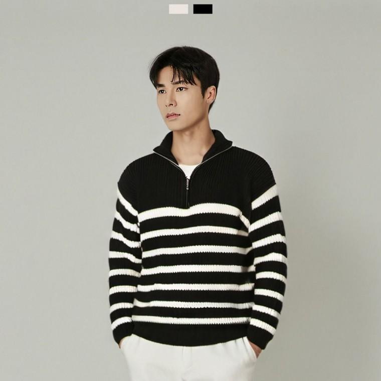 하이넥 니트 데일리 남자 스트라이프 반집업 남성 단가라 겨울