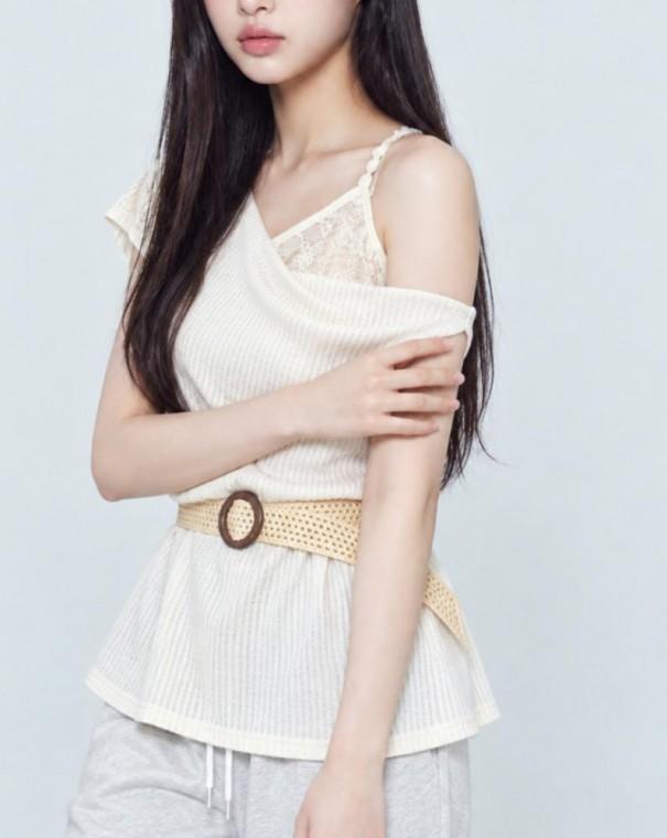 레이스 레이어드 언발 드레이프 반팔 니트 언발란스니트 브이넥니트