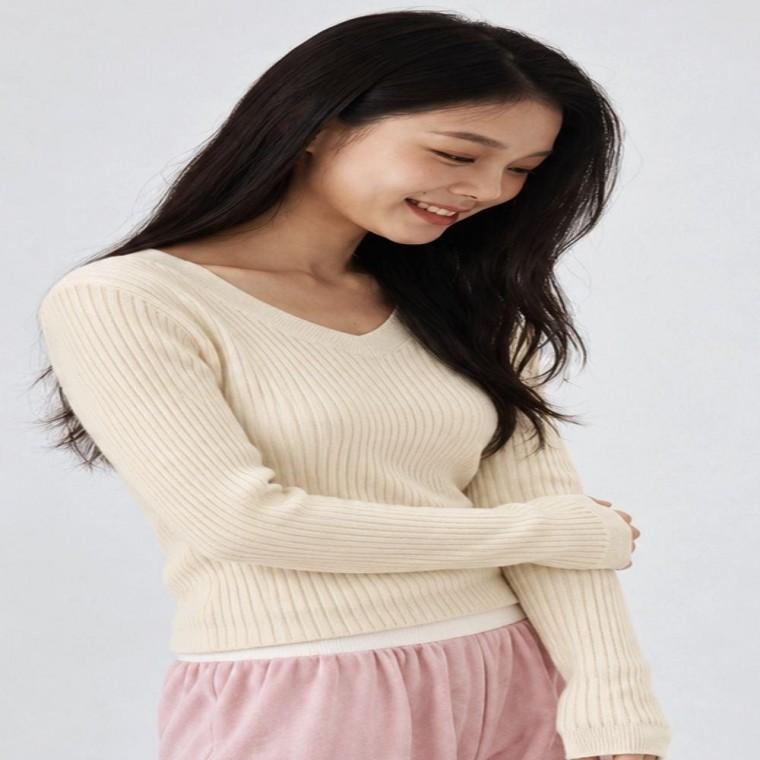 여성 3컬러 세로골지 브이넥 슬림 데일리 긴팔 니트 여성의류 니트스웨터