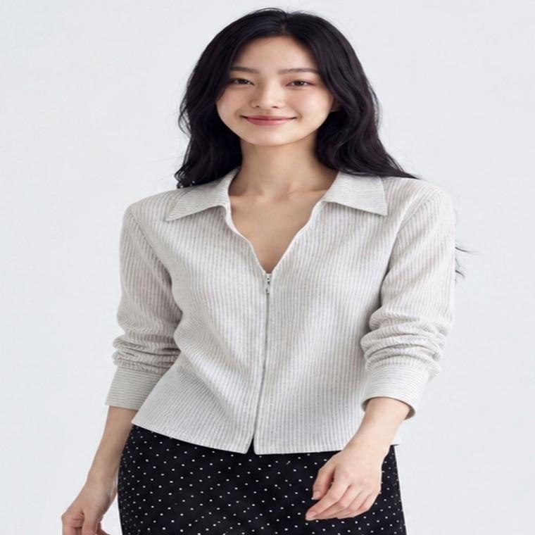 여성 단정한 페미닌룩 줄무늬 카라 셔츠 집업 가디건 여성카디건 기본카디건 여성의류 캐주얼룩
