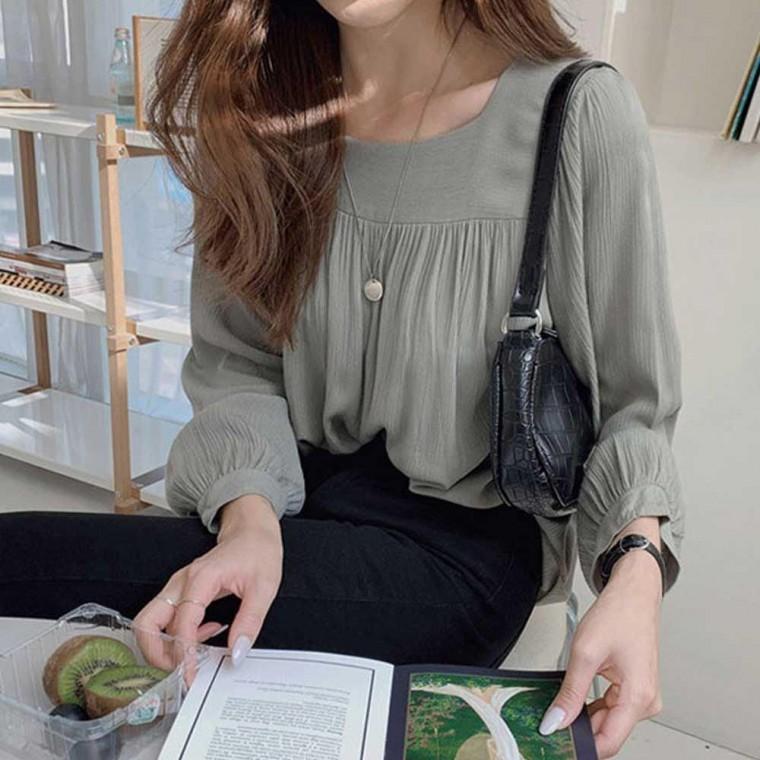 여자 직장인 출근 룩 스퀘어넥 셔링 긴팔 블라우스