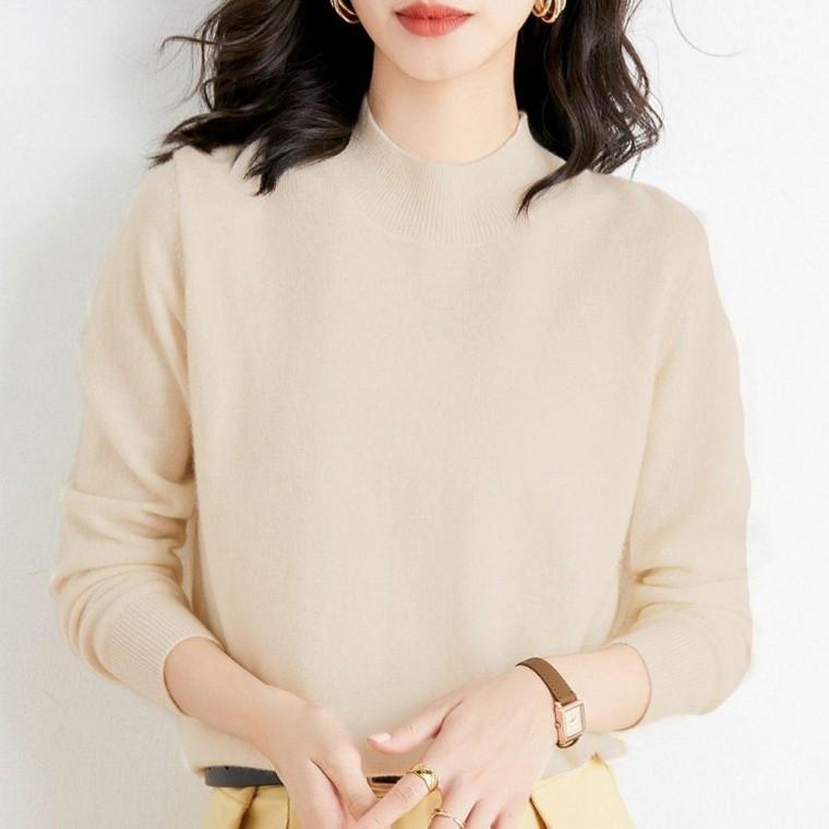 부드러운 티 여성 반목 기본 니트 베이지