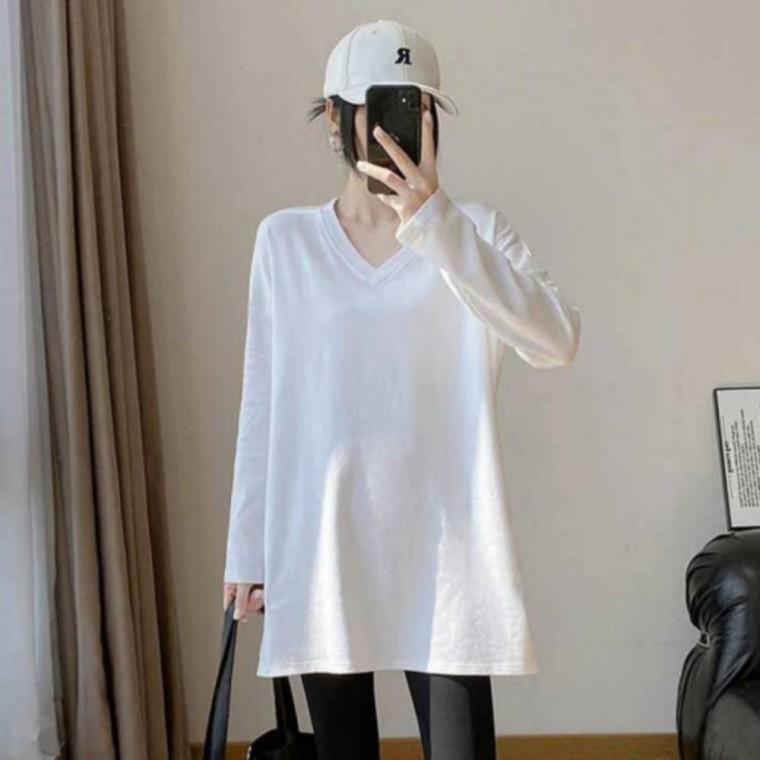 여성 레이어드 롱슬리브 루즈핏 브이넥 무지 긴팔 티셔츠