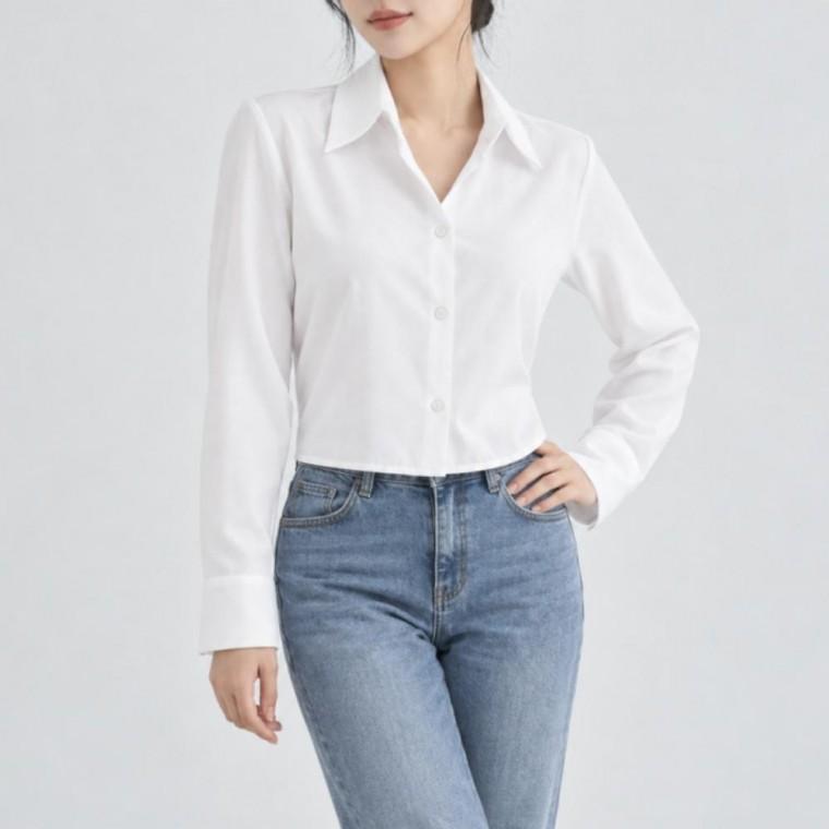 여성 직장인 데일리 숏 뒷밴딩 베이직 카라 크롭 셔츠