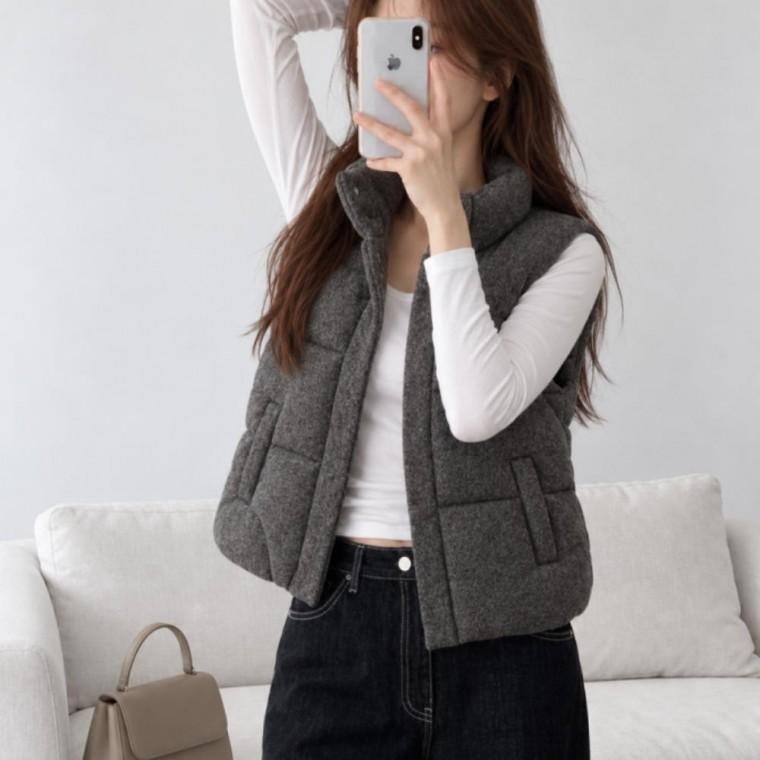 여성 겨울 점퍼 베스트 모직 하이넥 박스핏 패딩 조끼