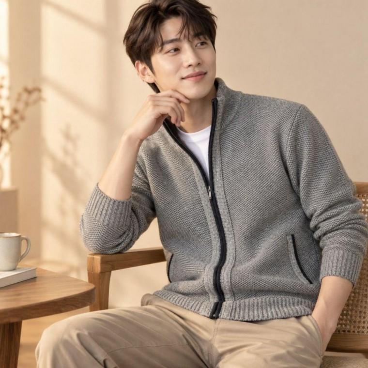 지퍼 가디건 하프넥 기모 풀 집업 니트 자켓 남성