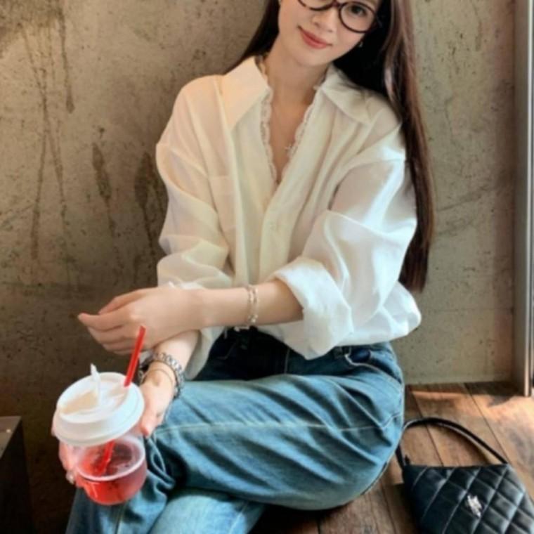 오피스 블라우스 여성용 루즈핏셔츠 카라 여성블라우스 상의 페미닌 탑 남방 셔츠 루즈핏 셔츠 긴팔 레이스