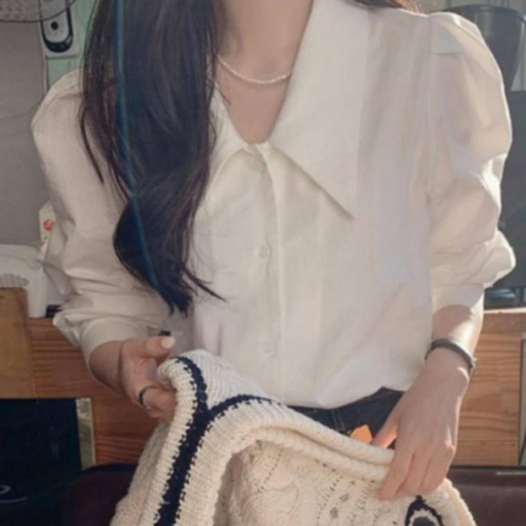 퍼프셔츠 오피스룩 루즈핏 탑 블라우스 셔츠 카라블라우스 여성용 데일리 퍼프 상의 페미닌 코디 빅카라 긴