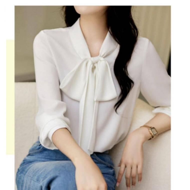 고급 쉬폰 셔링 스카프 긴팔 블라우스 결혼식 하객룩 상의