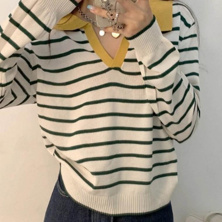 여자 데일리 스트라이프 카라 브이넥 니트 긴팔티