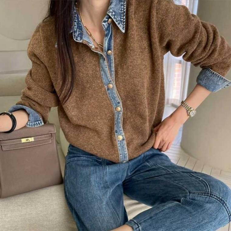 데님 셔츠 카라 레이어드 여성 가을 긴팔 니트 가디건