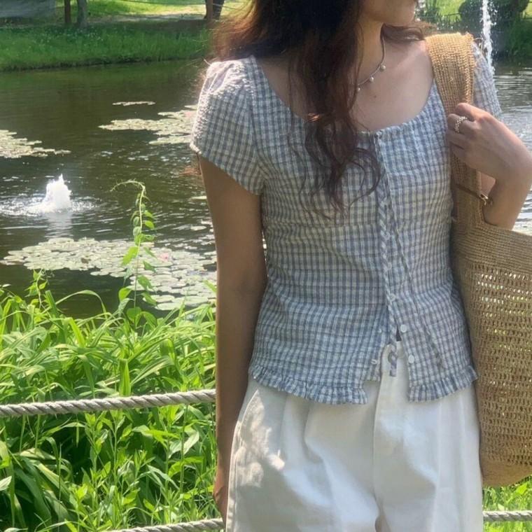 U넥 퍼프 프릴 반팔 블라우스 UJS212 블라우스 숙 비치 사이즈 원피스 남방 블라우스 풍기 퍼프소매 남방