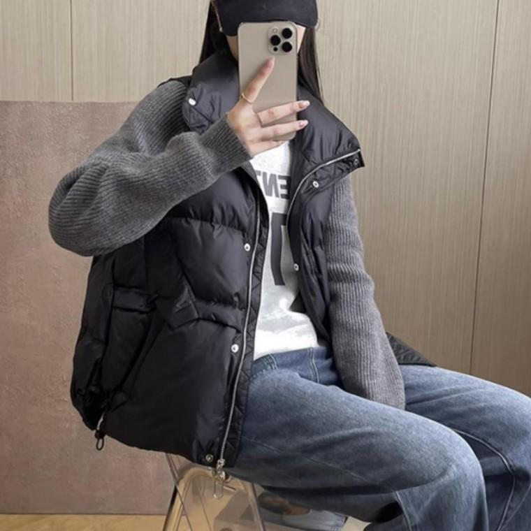 여성 겨울 데일리 루즈핏 스트링 하이넥 경량 패딩 조끼