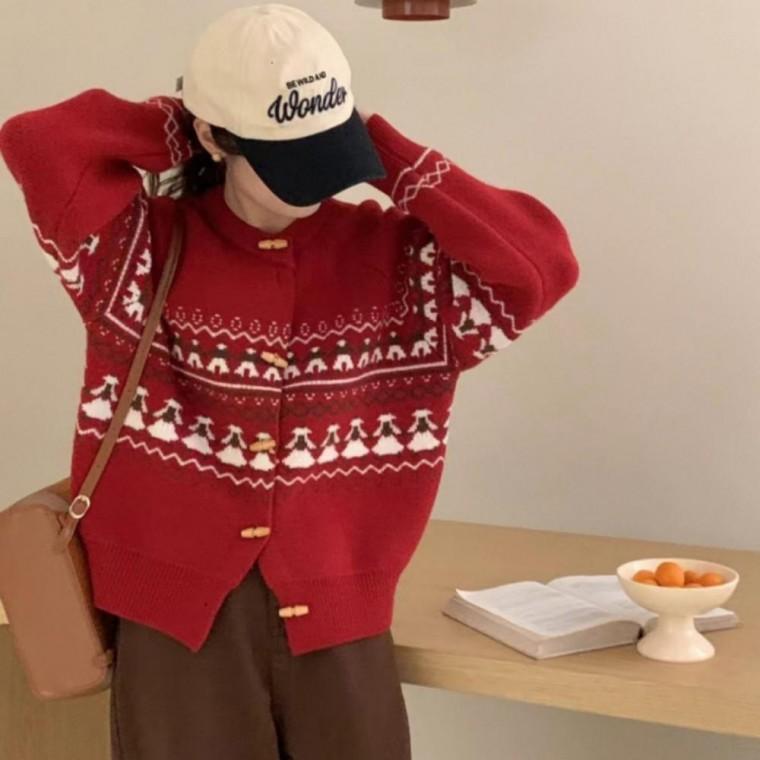 여성 겨울 두꺼운 라운드 노르딕 니트 떡볶이 가디건
