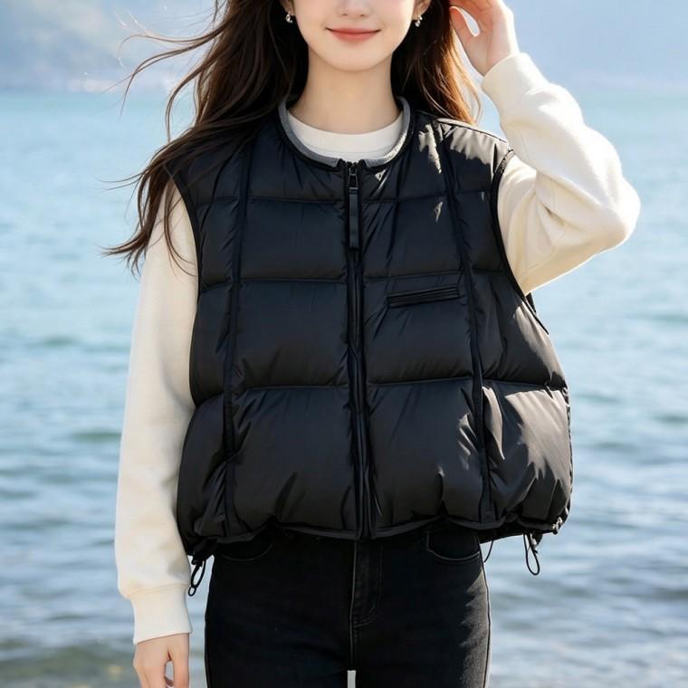 F007782 라운드넥 루즈핏 스트링 크롭핏 웰론 패딩조끼