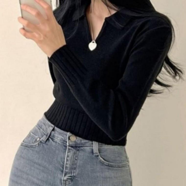 여성 크롭 가을 겨울 카라 스웨터 트임 맨투맨 니트