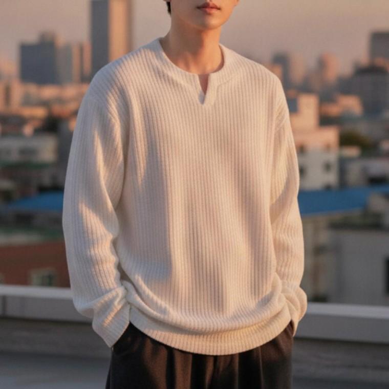 남성 가을 봄 데일리 니트 슬릿 브이넥 긴팔 티셔츠