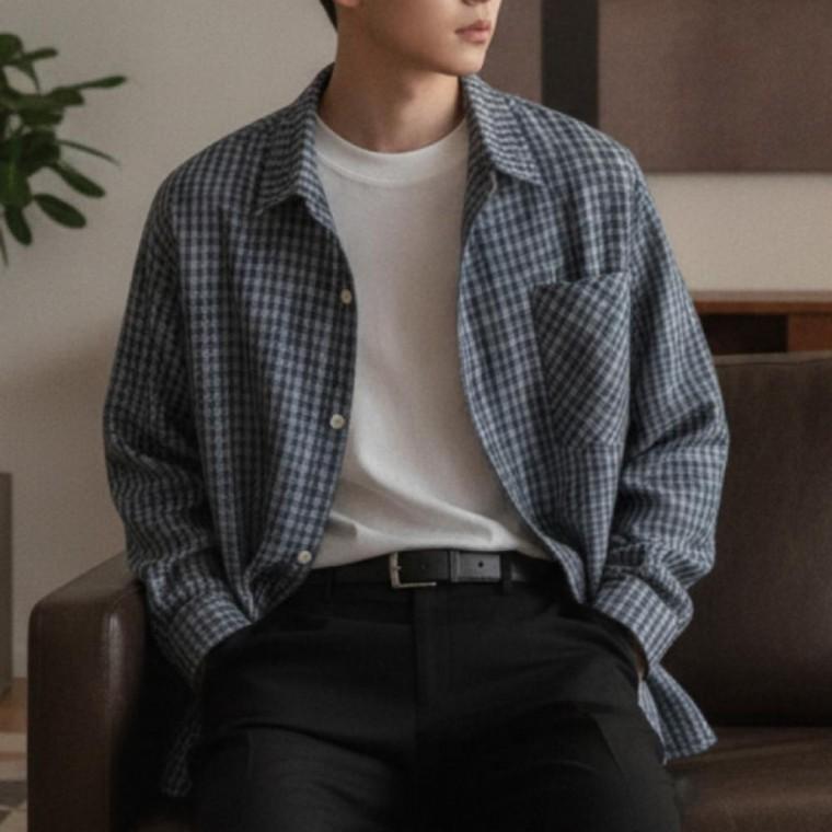 남성 가을 간절기 긴팔 루즈핏 레이어드 체크 남방 셔츠