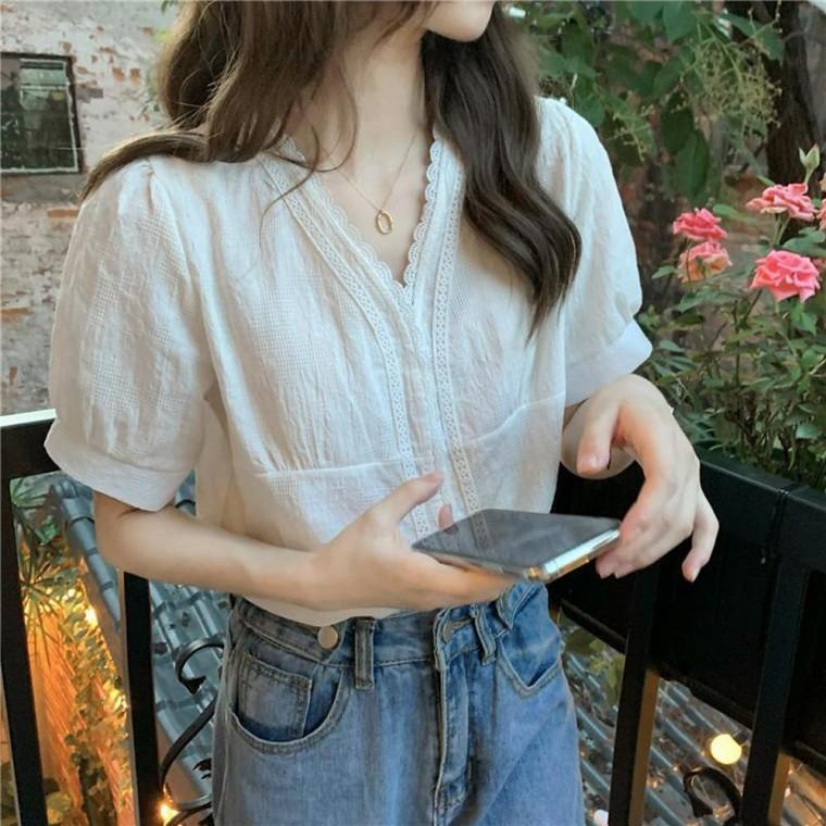 브이넥 블라우스 LLT114 안개꽃 남방 하객룩 블라우스 프릴 이너 여성 여름 숙 . 오간자자수 여자 풍기 퍼