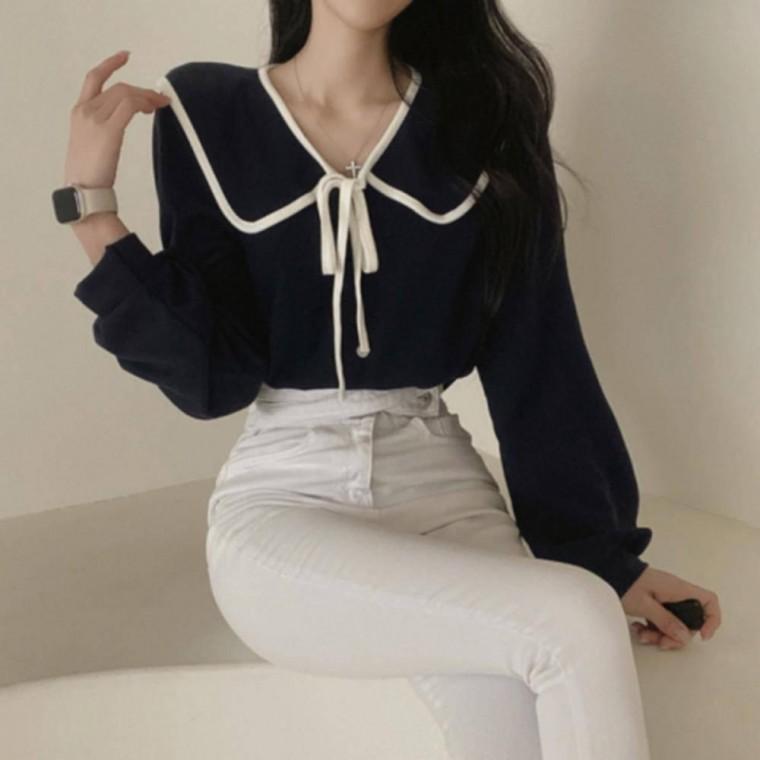 세일러 카라 블라우스 면 긴팔 V넥 여성 봄 가을 세일러 카라 셔츠 블라우스 오피스 데일리 상의 카라 블라