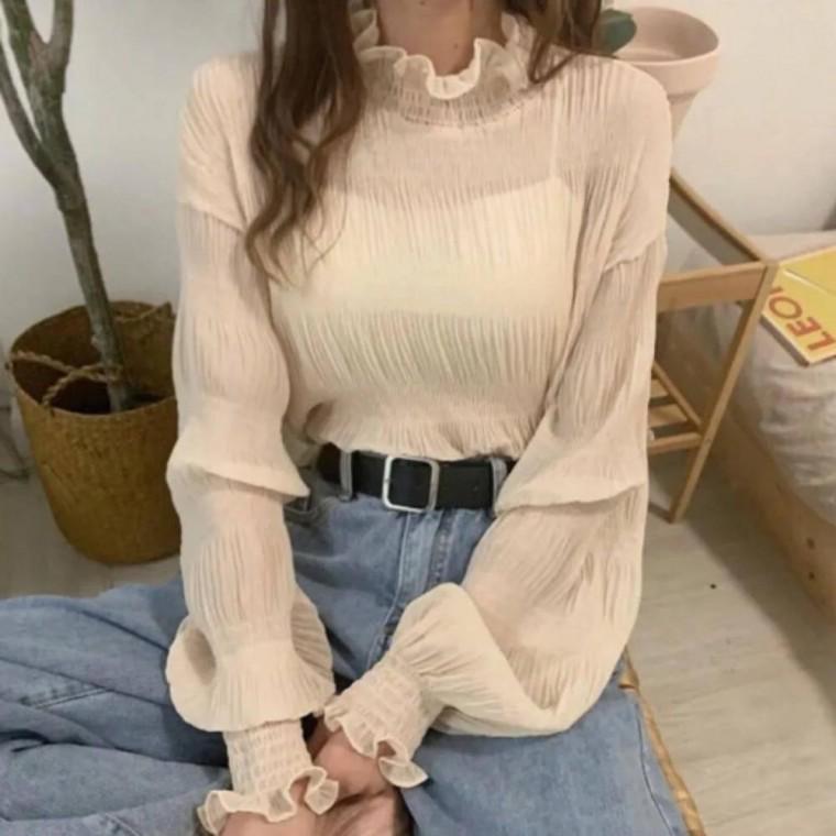하이넥 블라우스 프릴 셔링 레이스 면 긴팔 여성 봄 가을 오피스룩 프릴 하이넥 블라우스 여성 프릴 하이넥