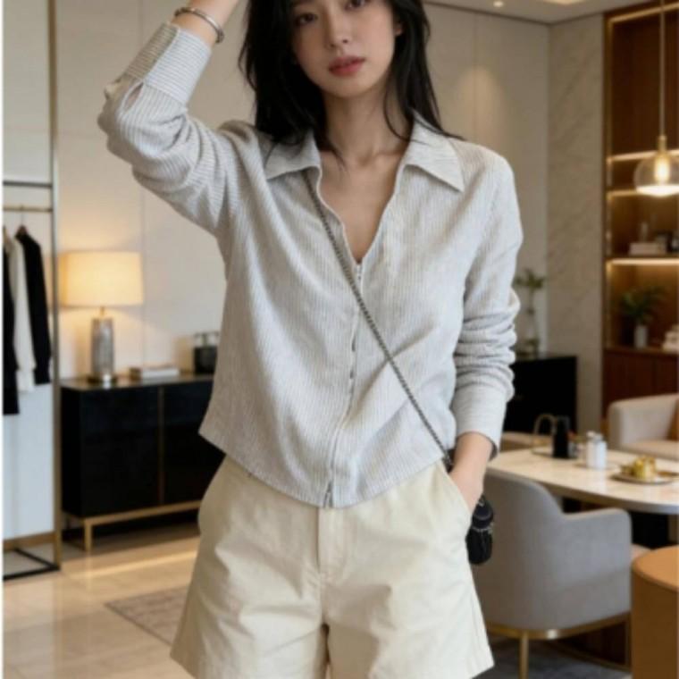 컴팩트 긴팔 집업 오픈카라 단가라 여성 스트라이프 블라우스 셔츠