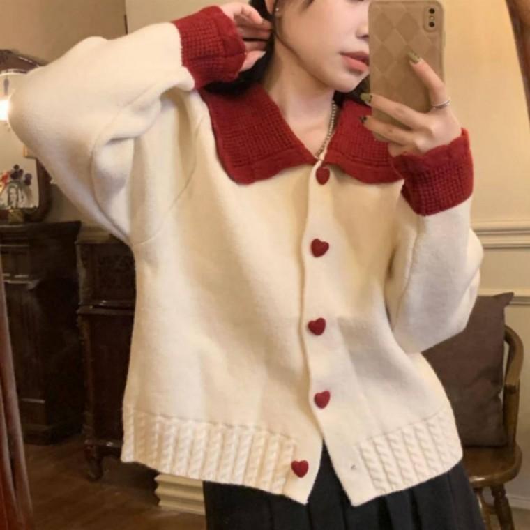 여성 러블리 하트 버튼 빅카라 니트 가디건 2컬러 아우터