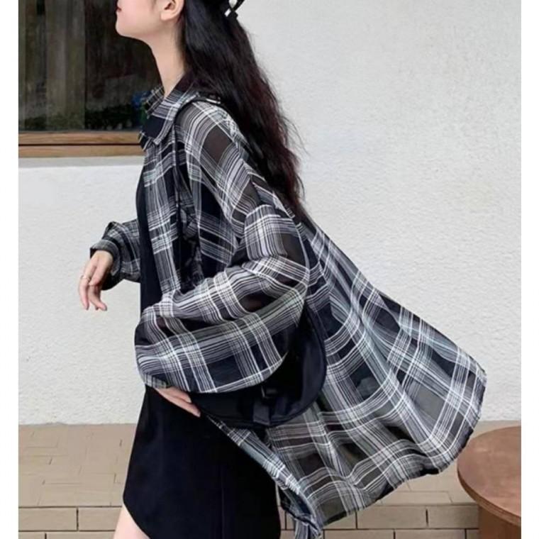 여성 시스루 여유핏 체크 남방 셔츠 가벼운 긴팔 블라우스