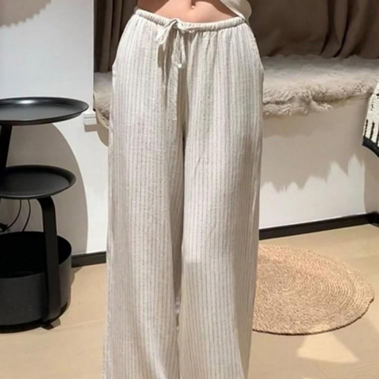 데일리 바지 와이드 밴딩 스트라이프 린넨 여성 의류
