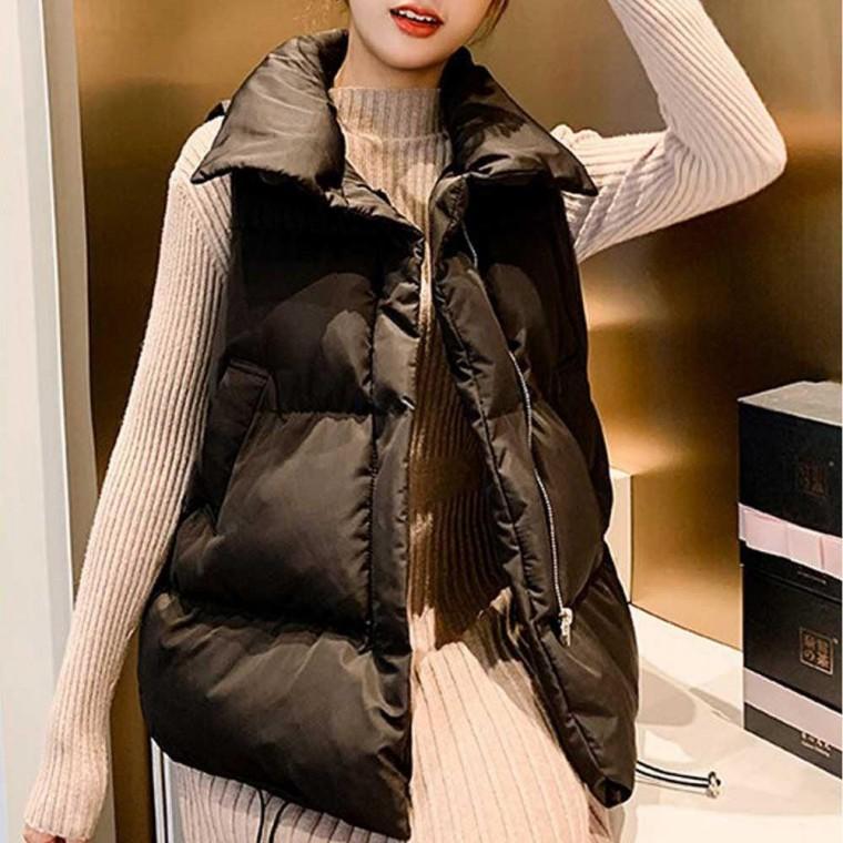 여자 겨울 코디 오버핏 하이넥 패딩 조끼 베스트 룩
