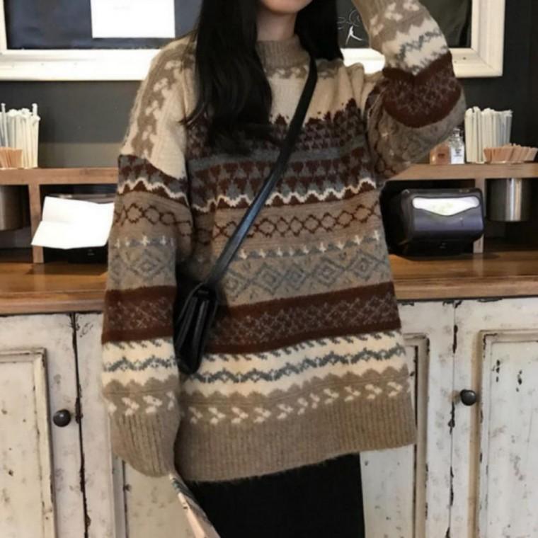 캐주얼 티셔츠 니트티 라운드 노르딕 긴팔 여자 의류