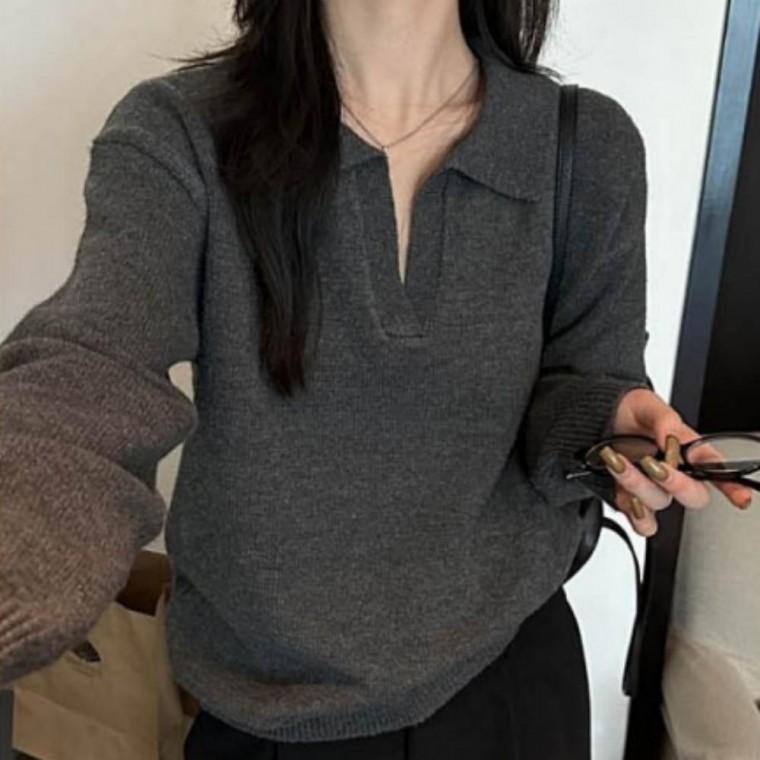 출근룩 데일리 체형커버 긴팔 니트티 오픈카라 여성 의류