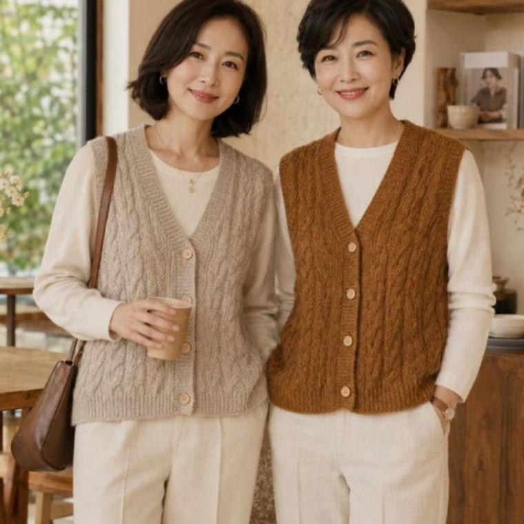 베스트 레이어드 브이넥 조끼 꽈배기 니트 여성 의류 패션