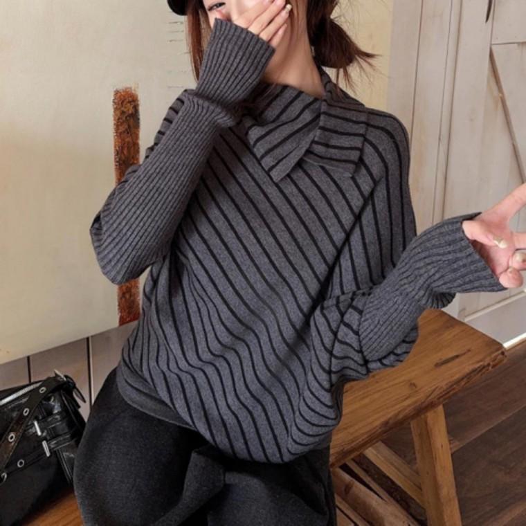 여성 오버핏 가오리 상의 티셔츠 단가라 스트라이프니트 이너 긴팔 언발