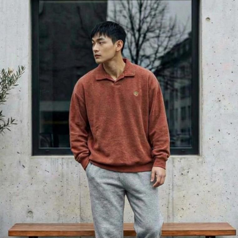 캐주얼 상의 스트링티셔츠 남성 니트 카라 오버핏 긴팔티