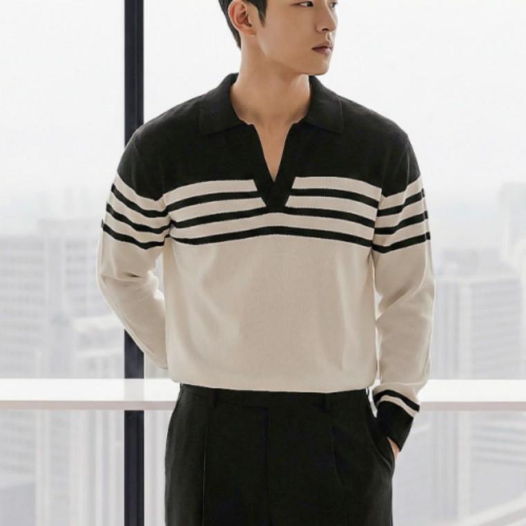 스트라이프 남성 데일리 긴팔 카라니트 상의 배색 스웨터