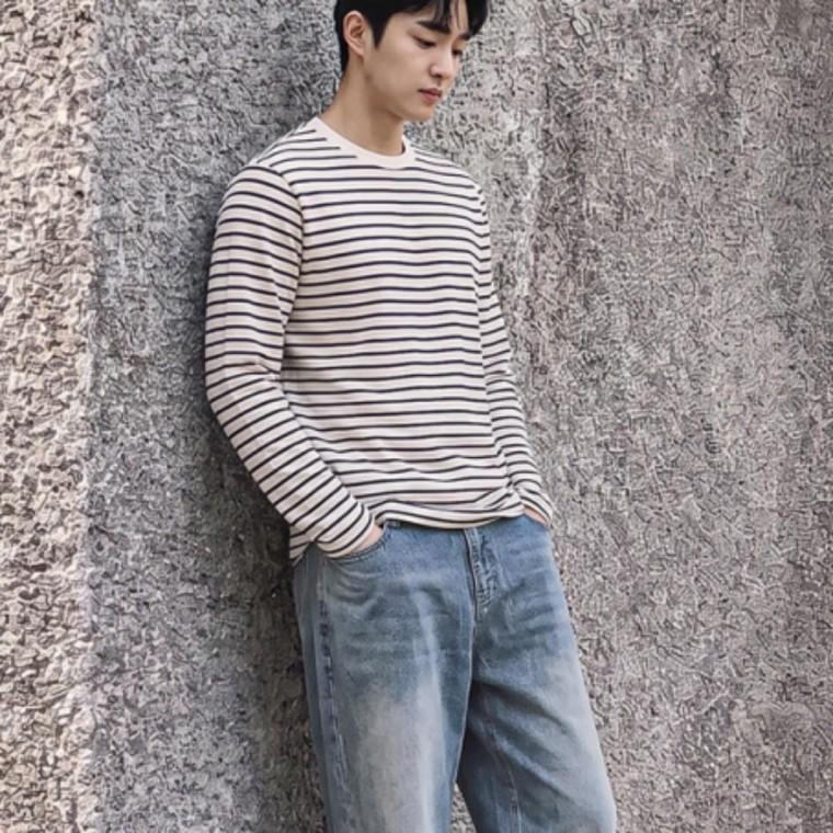 캐주얼 단가라 스트라이프 상의 긴팔티셔츠 남성 면 데일리
