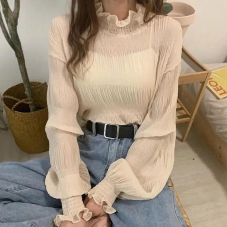 봄 여성 긴팔 여성 프릴 가을 오피스룩 블라우스 셔링 하이넥 하이넥 프릴 블라우스 레이스 하이넥 면 프릴