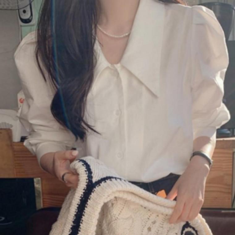 퍼프 퍼프셔츠 루즈핏 페미닌 카라블라우스 데일리 오피스룩 빅카라 블라우스 상의 셔츠 여성용 탑 긴팔 코