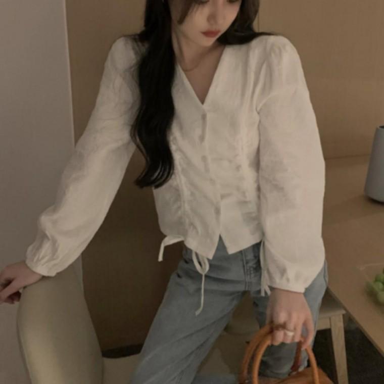 오피스룩 여성용 블라우스 셔링 페미닌 스트랩셔츠 셔링블라우스 긴팔 상의 탑 데일리 스트랩 셔츠 코디