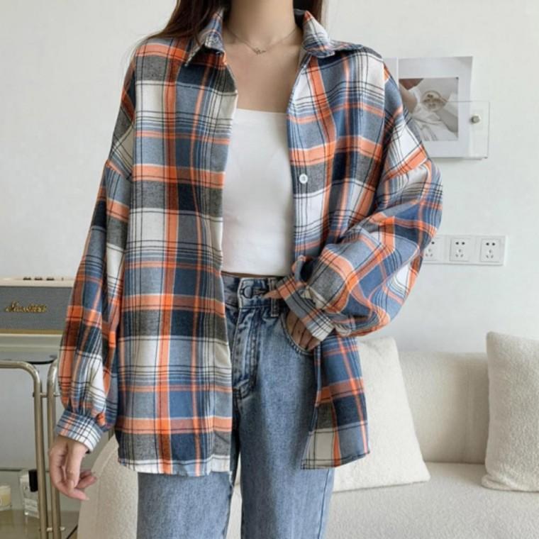 오버핏 긴팔 데일리 셔츠 레트로 상의 남방 캐주얼 탑 여성체크남방 데일리 체크 여성용 코디 체크셔츠
