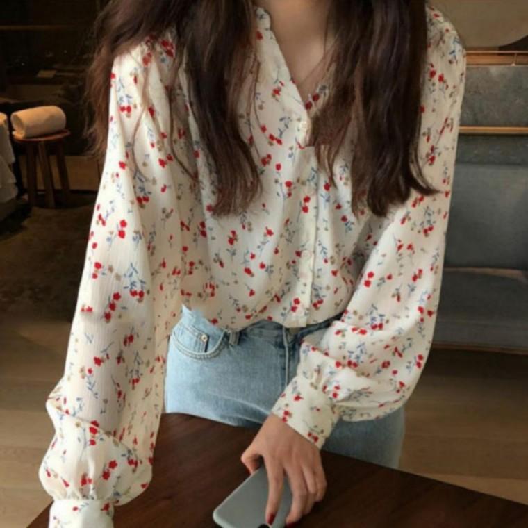 오피스룩 루즈핏 데일리 쉬폰 긴팔 블라우스 상의 여성용 탑 벌룬소매 페미닌 플라워 꽃블라우스 셔츠