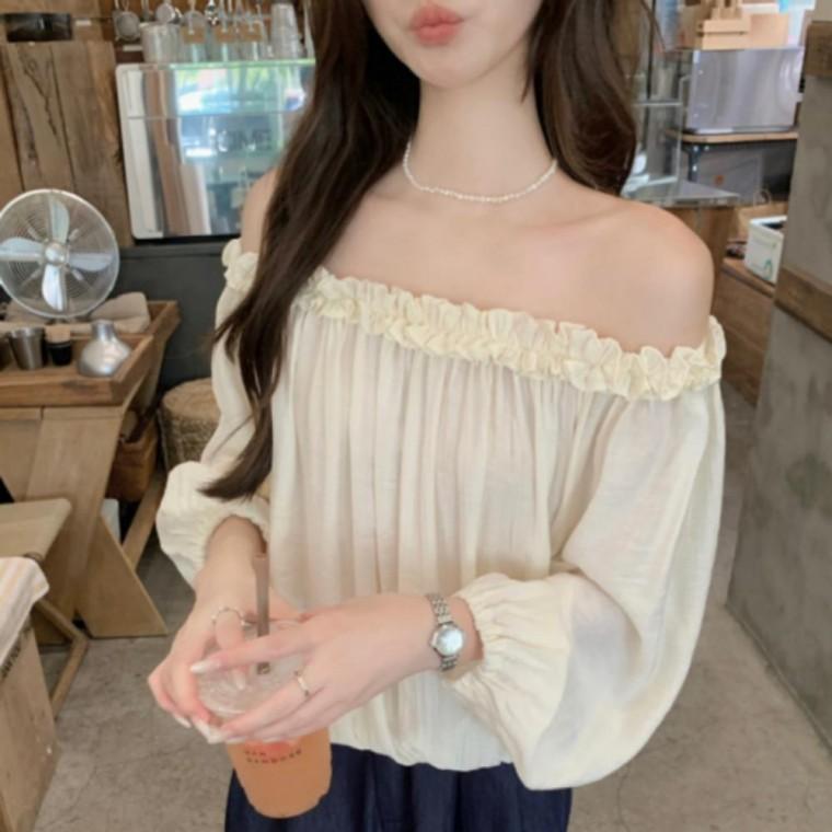숏 프릴 블라우스 오프숄더 상의 여성 밴딩 블라우스 밑단