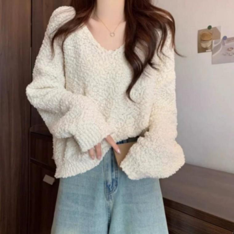 브이넥 니트 파스텔 소프트 상의 루즈핏 긴팔 여성